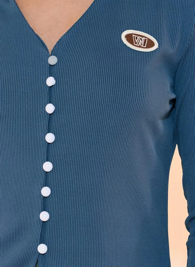 Take Two Button Rib Knit Top with Patch Front Detail