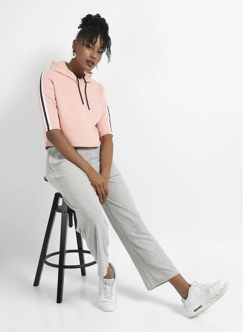 Women's Pink Crop Hoodie With Striped Sleeve For Casual Wear | Hood Neck | Short Sleeve | Pull On Closure | Cotton Sweatshirt Crafted With Comfort Fit For Everyday Wear