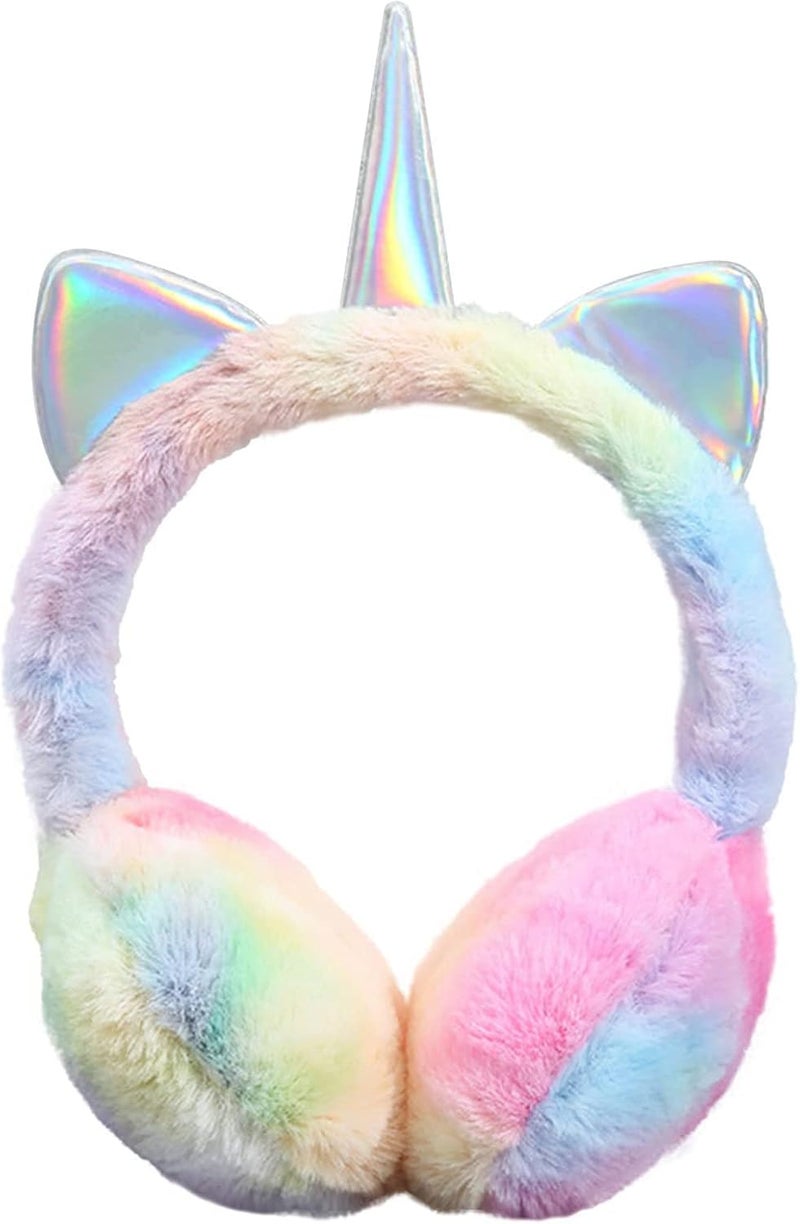 BUTITNOW Cute Rainbow Unicorn Earmuffs for Women Kids Girls, Foldable Warm Soft Plush Comfortable Outdoor Winter Ear Warmers - Image 1