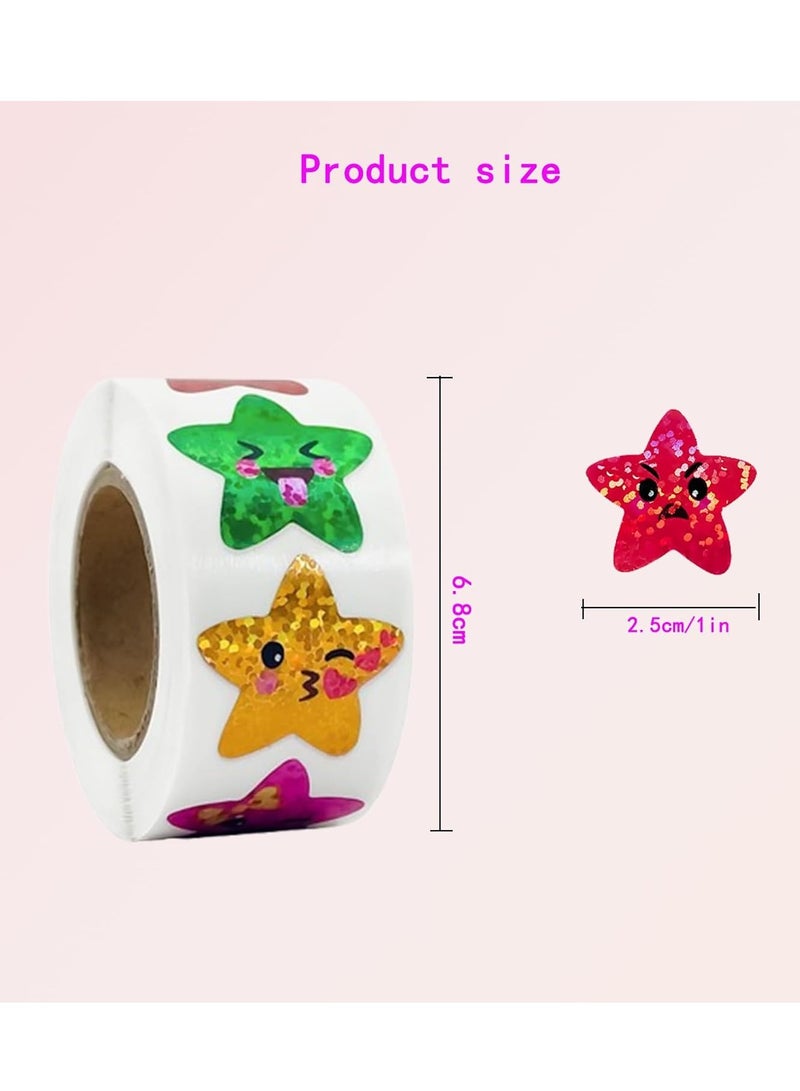 FengSVMA 1000 Smiling Star Stickers - Self Adhesive Glitter Holographic Foil - 1 Inch Small Stars Roll - Kid Classroom Teacher Reward Decoration - Sparkly Craft Supplies (8 Colors) - Image 2