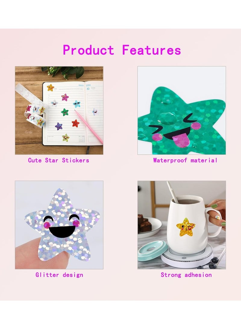 FengSVMA 1000 Smiling Star Stickers - Self Adhesive Glitter Holographic Foil - 1 Inch Small Stars Roll - Kid Classroom Teacher Reward Decoration - Sparkly Craft Supplies (8 Colors) - Image 5