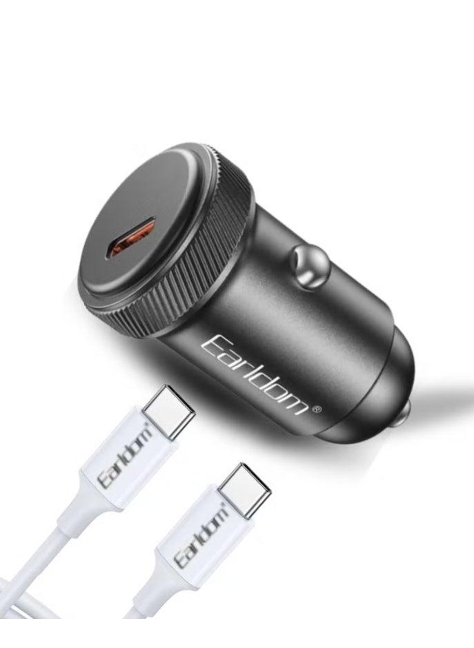 Earldom PD 30W USB-C Fast Car Charger with Type-C to C Cable, USB-C Power Delivery Car Adapter for Compatible Smartphones, Tablets, AirPods, Black - Image 1