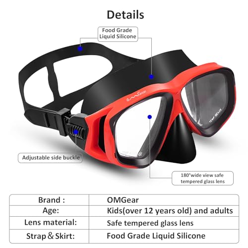 OMGear Children Dive Mask Two-Lens Swim Goggles with Nose UV Protection Recreation Tempered Glass Free Diving Goggles Snorkeling Mask (Red008) - Image 2