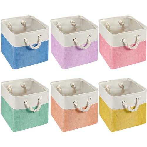 Geiserailie 6 Pcs 13 x 13 Inch Cube Storage Bins Fabric Storage Organizer Bins Foldable Cube Baskets with Sturdy Carry Handles Wicker Baskets for Home Macaron Color - Image 1