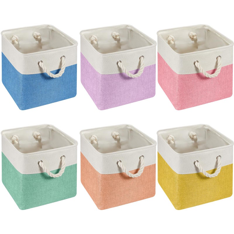 Geiserailie 6 Pcs 13 x 13 Inch Cube Storage Bins Fabric Storage Organizer Bins Foldable Cube Baskets with Sturdy Carry Handles Wicker Baskets for Home Macaron Color - Image 2