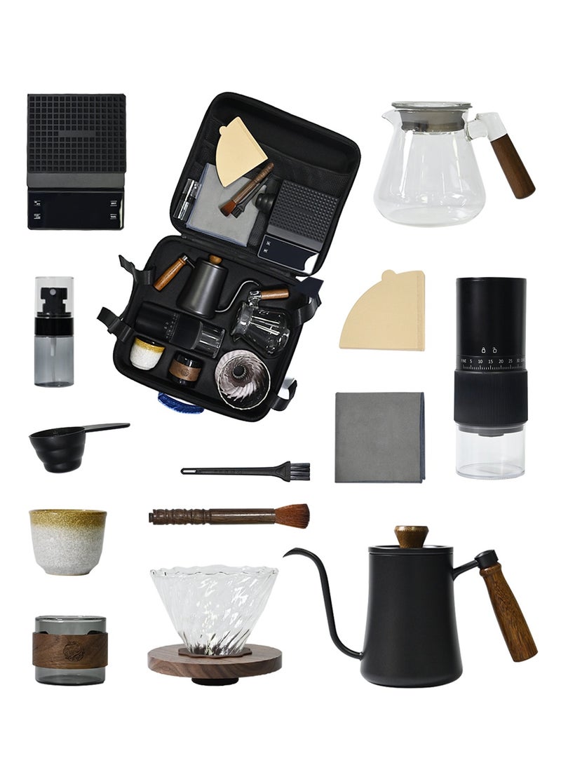 CHOIWIN V60 Coffee Maker Set, 12 Piece Electric Grinder  Coffee Drip Set, Coffee Maker Set with Carbon Fiber Tote, Automatic Brew Coffee Maker Set with Coffee Scale, Coffee Pot, Coffee Filter for Coffee Lovers  - Image 1