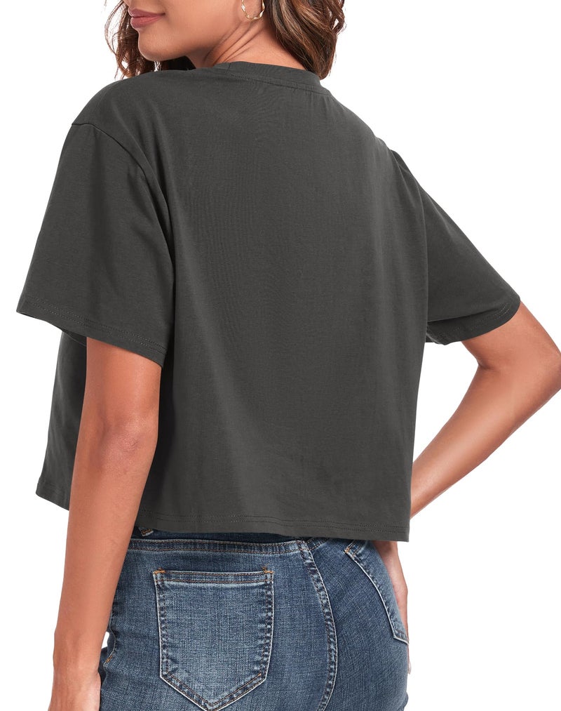 PRIMODA Women's Oversized Workout Cropped T Shirts Crew Neck Short Sleeve Casual Loose Summer Crop Tee Tops Cotton(Charcoal Grey S) - Image 3