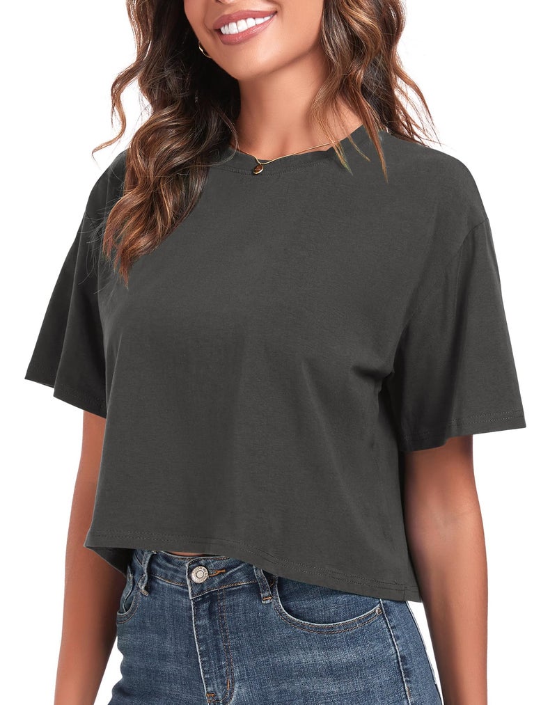PRIMODA Women's Oversized Workout Cropped T Shirts Crew Neck Short Sleeve Casual Loose Summer Crop Tee Tops Cotton(Charcoal Grey S) - Image 2