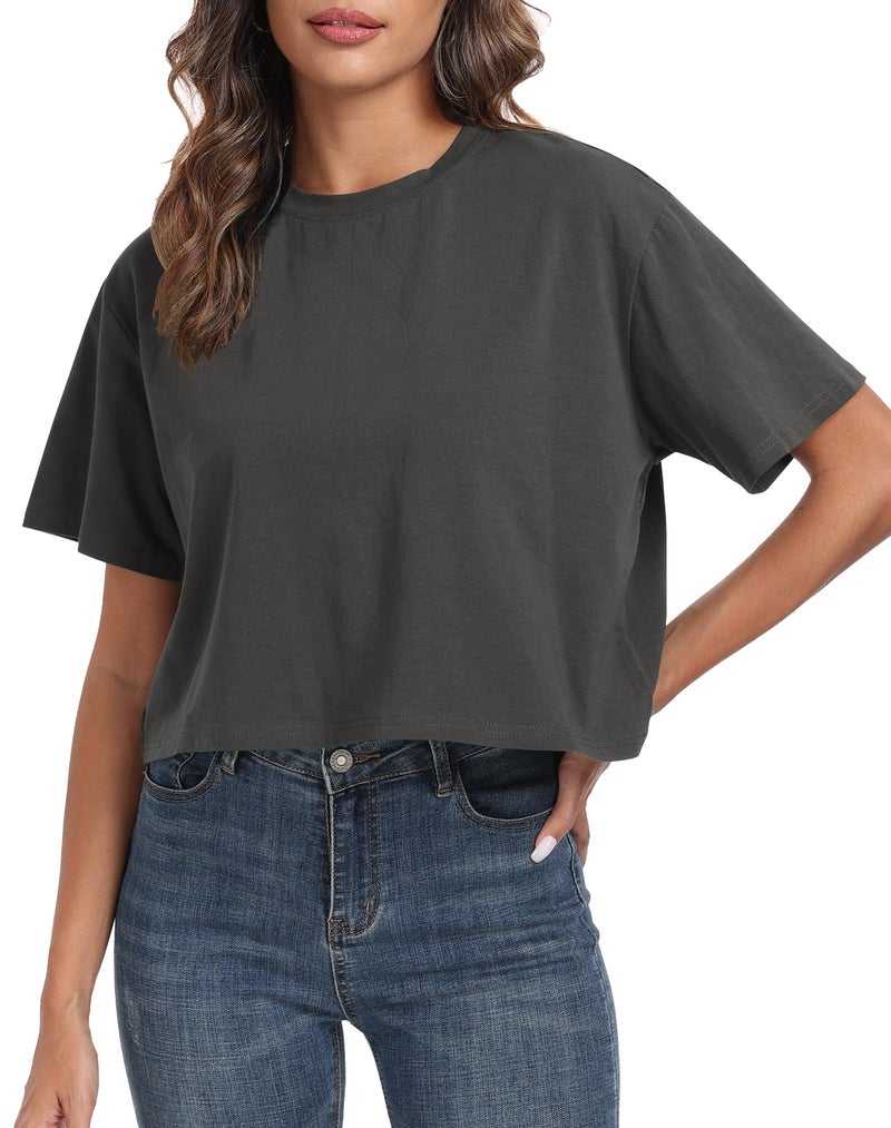 PRIMODA Women's Oversized Workout Cropped T Shirts Crew Neck Short Sleeve Casual Loose Summer Crop Tee Tops Cotton(Charcoal Grey S) - Image 1