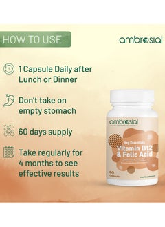 ambrosial Vitamin B12 1000 Mcg + 500 Mcg Folic Acid Pack of 1 60 Capsules Food Supplement  - Image 5