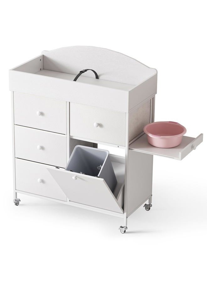 DTK Baby Dresser with Changing Table Top,4-Drawers Changing Table Dresser with Tile-Out Trash Cabinet and Pull-Out Shelf,Diaper Changing Station with Waterproof Pad and Storage for Nursery,White - Image 1