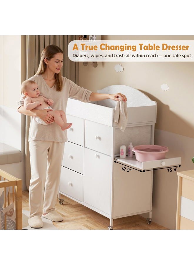 DTK Baby Dresser with Changing Table Top,4-Drawers Changing Table Dresser with Tile-Out Trash Cabinet and Pull-Out Shelf,Diaper Changing Station with Waterproof Pad and Storage for Nursery,White - Image 4