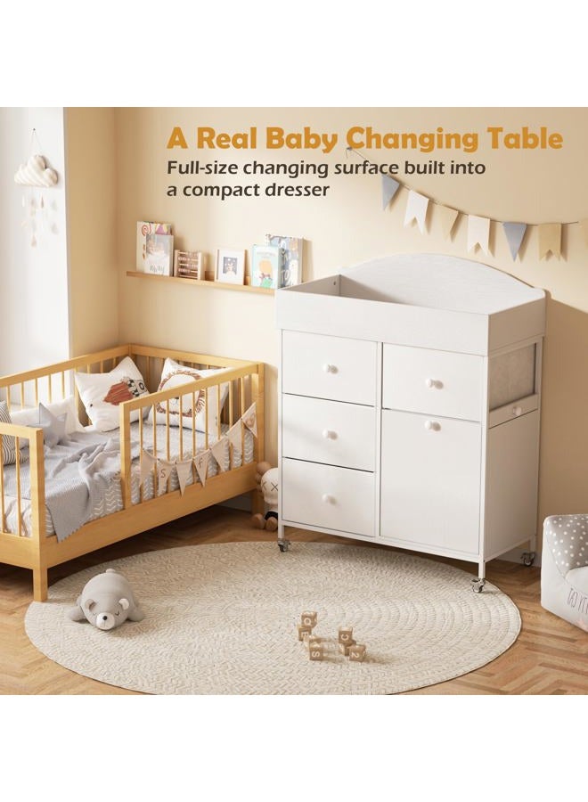 DTK Baby Dresser with Changing Table Top,4-Drawers Changing Table Dresser with Tile-Out Trash Cabinet and Pull-Out Shelf,Diaper Changing Station with Waterproof Pad and Storage for Nursery,White - Image 2