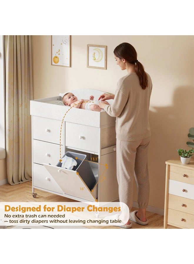 DTK Baby Dresser with Changing Table Top,4-Drawers Changing Table Dresser with Tile-Out Trash Cabinet and Pull-Out Shelf,Diaper Changing Station with Waterproof Pad and Storage for Nursery,White - Image 3