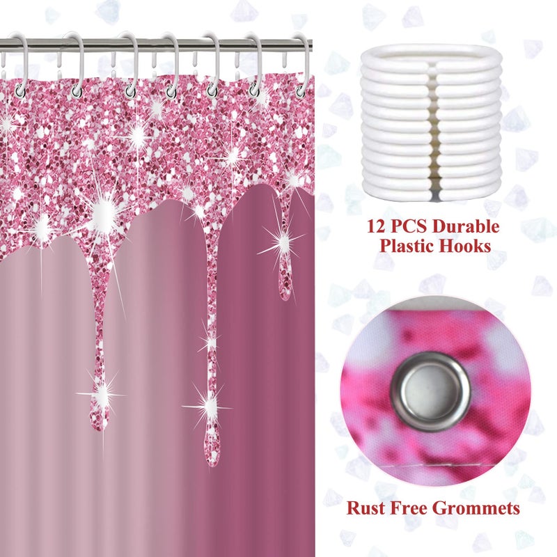 Hadint 4 Pcs Glitter Diamond Shower Curtain Sets, Rose Red Shiny Drips Bath Decor with Rugs and Toilet Lid Cover, Fuchsia Luxury Texture Colorful Bling Modern Bathroom Curtain with 12 Hooks, 72 x 72 inch - Image 4