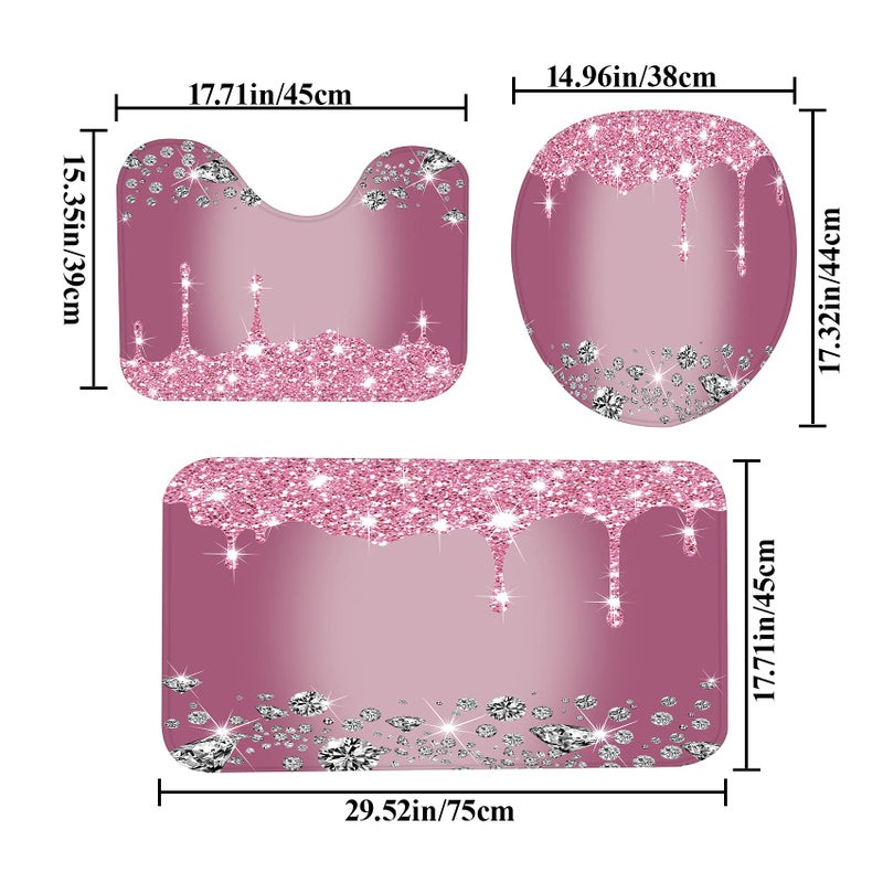 Hadint 4 Pcs Glitter Diamond Shower Curtain Sets, Rose Red Shiny Drips Bath Decor with Rugs and Toilet Lid Cover, Fuchsia Luxury Texture Colorful Bling Modern Bathroom Curtain with 12 Hooks, 72 x 72 inch - Image 3