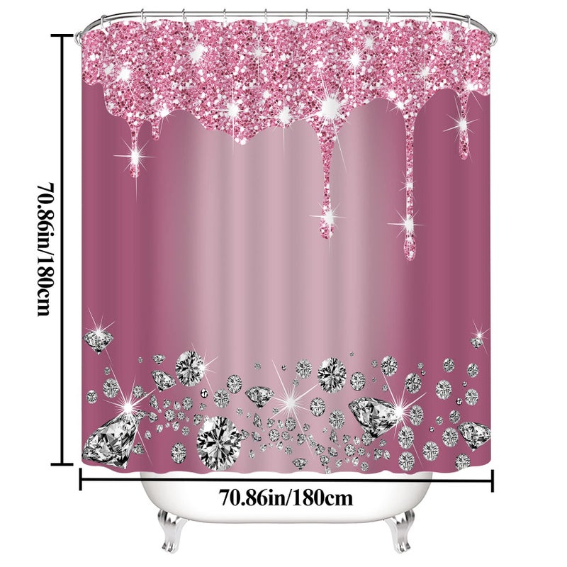 Hadint 4 Pcs Glitter Diamond Shower Curtain Sets, Rose Red Shiny Drips Bath Decor with Rugs and Toilet Lid Cover, Fuchsia Luxury Texture Colorful Bling Modern Bathroom Curtain with 12 Hooks, 72 x 72 inch - Image 2