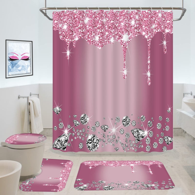 Hadint 4 Pcs Glitter Diamond Shower Curtain Sets, Rose Red Shiny Drips Bath Decor with Rugs and Toilet Lid Cover, Fuchsia Luxury Texture Colorful Bling Modern Bathroom Curtain with 12 Hooks, 72 x 72 inch - Image 1