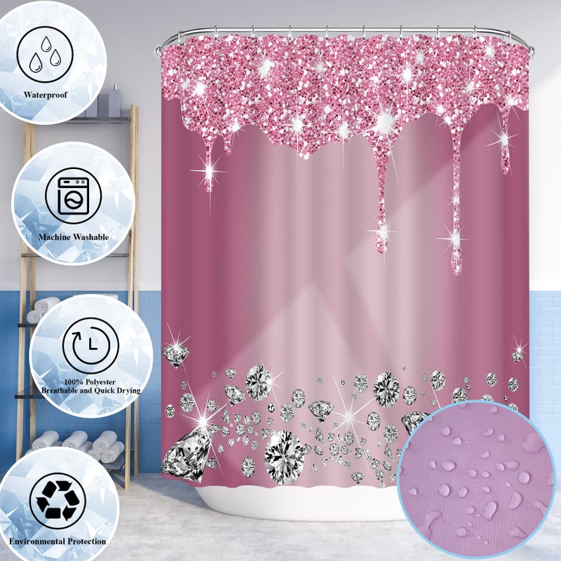 Hadint 4 Pcs Glitter Diamond Shower Curtain Sets, Rose Red Shiny Drips Bath Decor with Rugs and Toilet Lid Cover, Fuchsia Luxury Texture Colorful Bling Modern Bathroom Curtain with 12 Hooks, 72 x 72 inch - Image 5