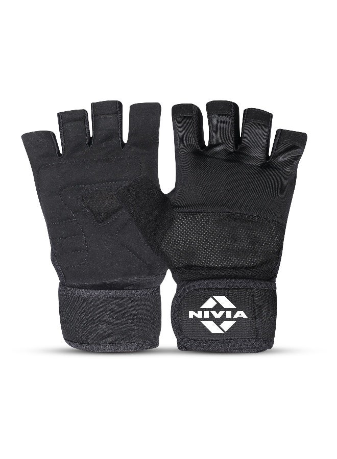 Nivia Enduro Gym Gloves with Wrist Support for Men & Women, Leather Palm & Mesh Back for Breathability, Ideal for Weightlifting, Training, Crossfit & Home Fitness Equipment (Black, M) - Image 1