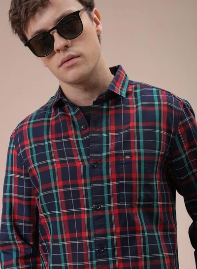 The Indian Garage Co Men Slim Fit Checkered Full Sleeves Cutaway Collar Casual Shirt