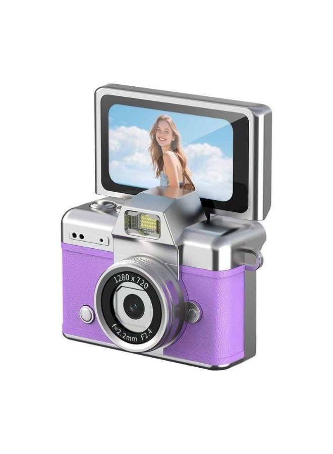 Keychain-style digital camera, featuring a flip screen and built-in flash function, suitable for travel and daily use, can be given as a gift to friends (purple)