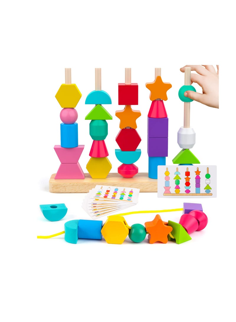 Excefore Montessori Toys, Wooden Beads Sequencing Toy, Stacking Blocks, Matching Shape Stacker, Preschool Educational Toys, Boost Child's Observation Skills - Image 1