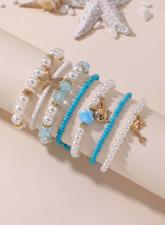 Take Two Pack of 7 - Girls Multi-Color Ocean Charms Beaded Bracelets - Image 1