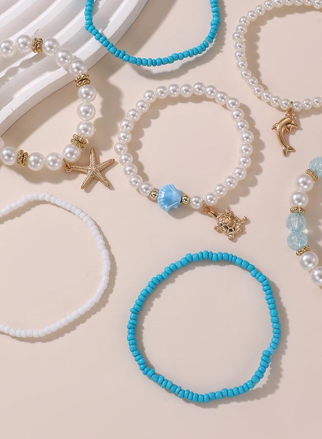Take Two Pack of 7 - Girls Multi-Color Ocean Charms Beaded Bracelets - Image 3