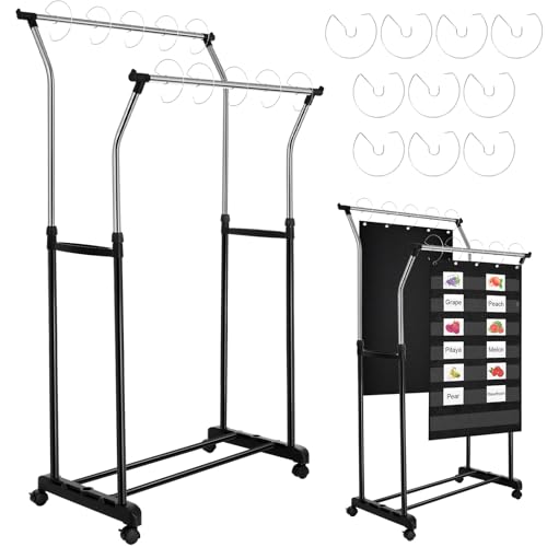 Colingmill Double Layer Pocket Chart Stand Adjustable to 63 Inch Anchor Chart Holder with Casters Rolling Stainless Steel Teacher Supplies with 10 Hooks for Classroom Teaching Educational ToolBlack - Image 1