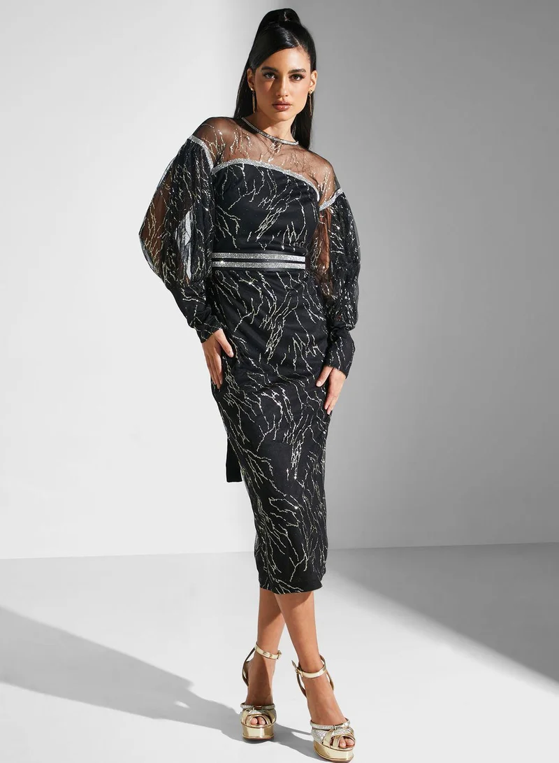 جولدن ابل Puff Sleeve Belted Dress