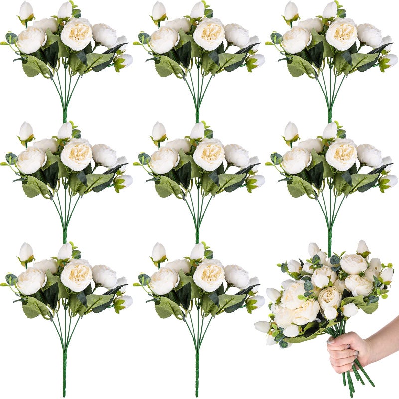 Yunsailing 8 Pack Artificial Peony Flowers Faux Silk Hydrangea Bouquet Wedding Home Table Decor Reusable Bouquet of Rose Flower for Birthday WeddingWhite