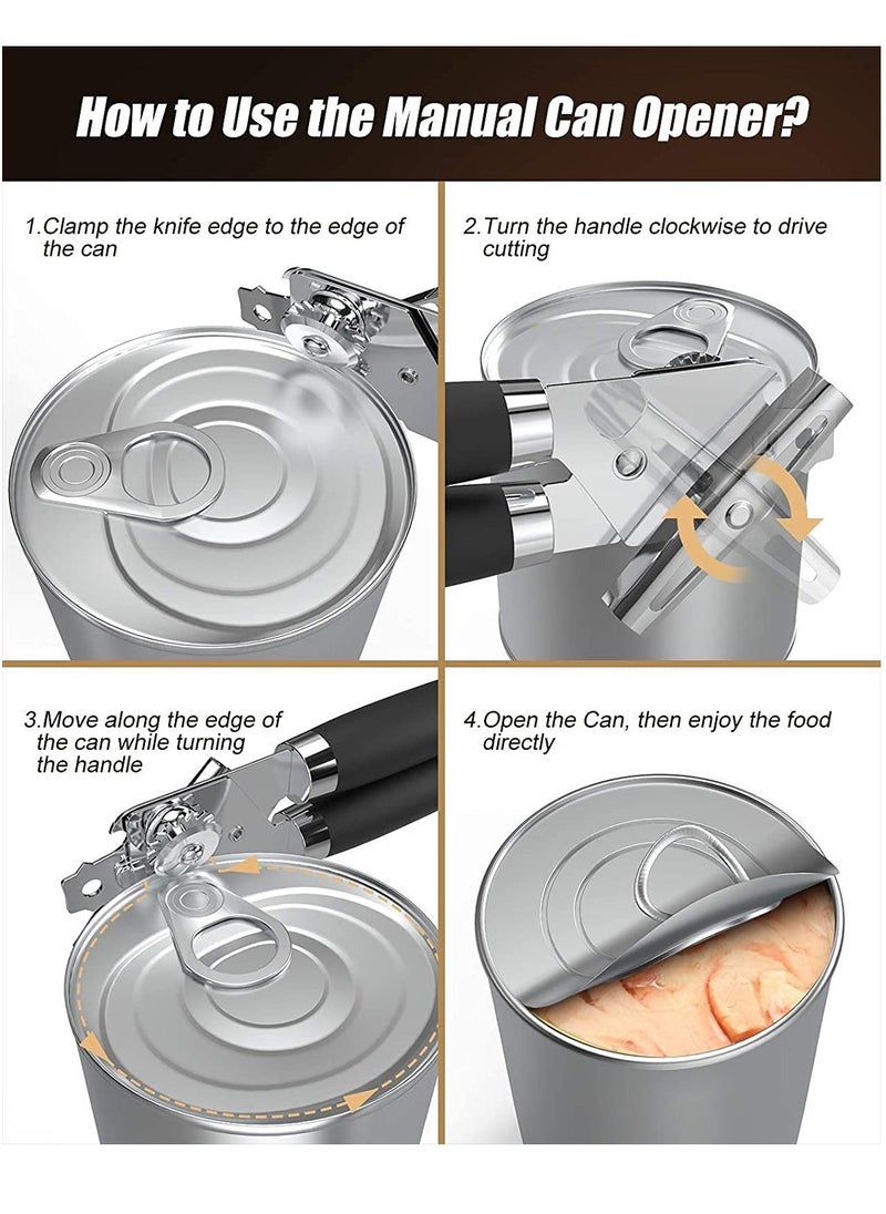 Can Opener 3-In-1 Multifunctional Manual Can Openers Stainless Steel Heavy Smooth Edge Cut Bottle Opener with Turn Knob Ergonomic Anti Slip Grip Handle Ultra Sharp (Black) - Image 4