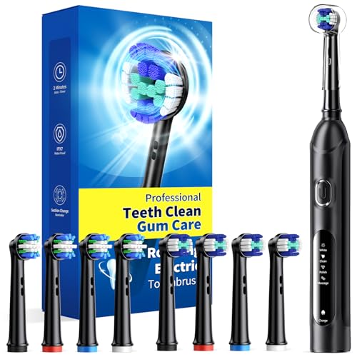 TEETHEORY Rotating Electric Toothbrush for Adults with 8 Brush Heads (2 Types), 4 Modes Deep Clean Electric Toothbrush with Rechargeable Power and 2 Min Smart Timer (1- Black, p1) - Image 1