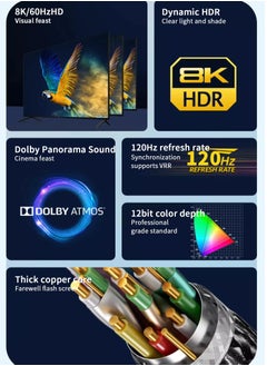 ميك كابل HDMI 2.1 8K بطول 2 متر، عالي السرعة 48 جيجابت في الثانية، 4K بمعدل 60 هرتز، 8K بمعدل 60 هرتز، نايلون مضفر، موصلات مطلية بالذهب، إيثرنت، ARC، HDR10، Dolby Vision، متوافق مع PS5 وXbox والتلفزيون والكمبيوتر الشخصي  - Image 2