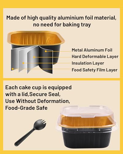 Tikxlafe 50 Pack 5oz Square Mini Cake Pans with Lids and SpoonsAluminum Foil Baking CupsDisposable Mini Loaf Pans Ramekins for Brownie Cheesecake Mousse Wedding Party FavorsBlack - Image 3