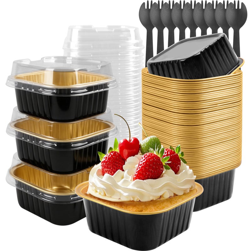 Tikxlafe 50 Pack 5oz Square Mini Cake Pans with Lids and SpoonsAluminum Foil Baking CupsDisposable Mini Loaf Pans Ramekins for Brownie Cheesecake Mousse Wedding Party FavorsBlack - Image 2
