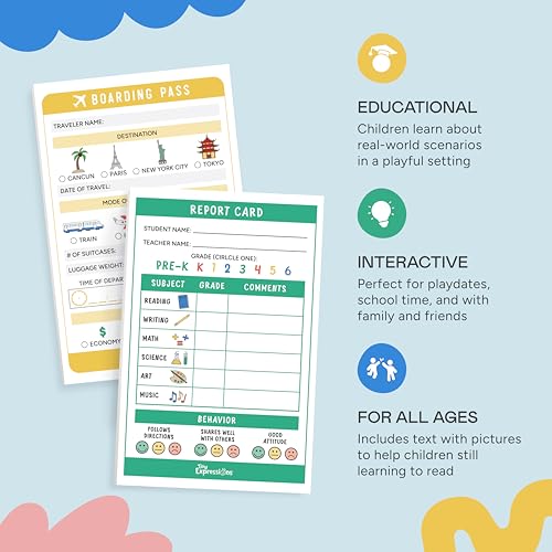 Tiny Expressions Kids Pretend Play Notepads – 40 Pages Boarding Pass & 40 Pages Classroom Report Card Notepad - Travel Booking Agent and Teacher Imaginative Role Play - Playtime Pads - Image 4