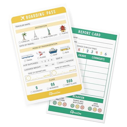 Tiny Expressions Kids Pretend Play Notepads – 40 Pages Boarding Pass & 40 Pages Classroom Report Card Notepad - Travel Booking Agent and Teacher Imaginative Role Play - Playtime Pads - Image 1