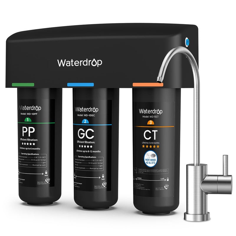 Waterdrop TSB 8 Layer Under Sink Water Filter, Reduces PFAS, PFOA/PFOS, Fluoride, Chlorine, Bad Taste & Odor, with Dedicated Faucet, NSF/ANSI 42 Certified Element, Under Sink Water Filtration System - Image 1