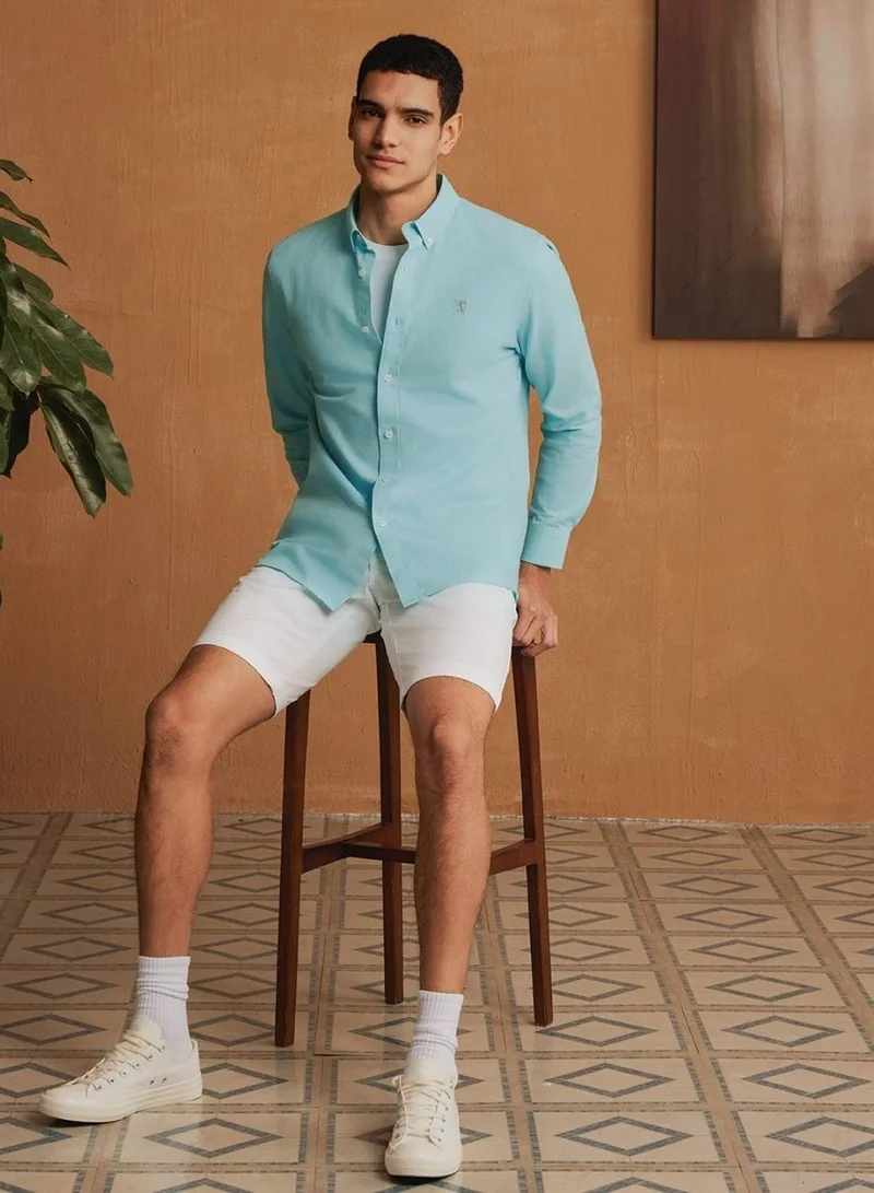 GIORDANO Men's Cotton Oxford Shirt - Small Lion Embroidery, Slim Fit, Full Button