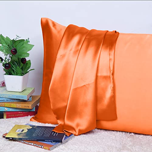 Riara Satin Silk Pillowcase Pillow Case Covers with Envelop Closure for Hair and Skin Home Bed Decor Set of 2 Pillowcase Free 3 Pc Scrunchie (Standard Size(20" 26"), Orange Peel) - Image 2