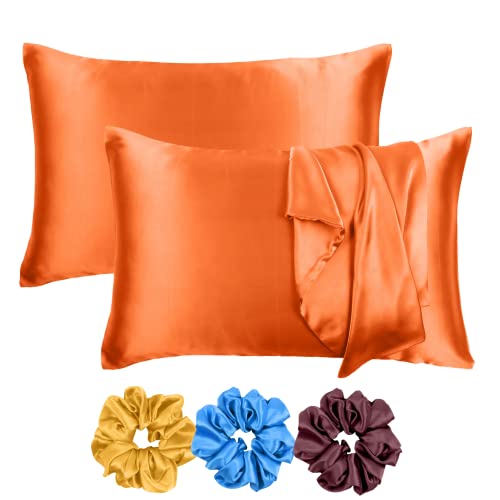 Riara Satin Silk Pillowcase Pillow Case Covers with Envelop Closure for Hair and Skin Home Bed Decor Set of 2 Pillowcase Free 3 Pc Scrunchie (Standard Size(20" 26"), Orange Peel) - Image 1