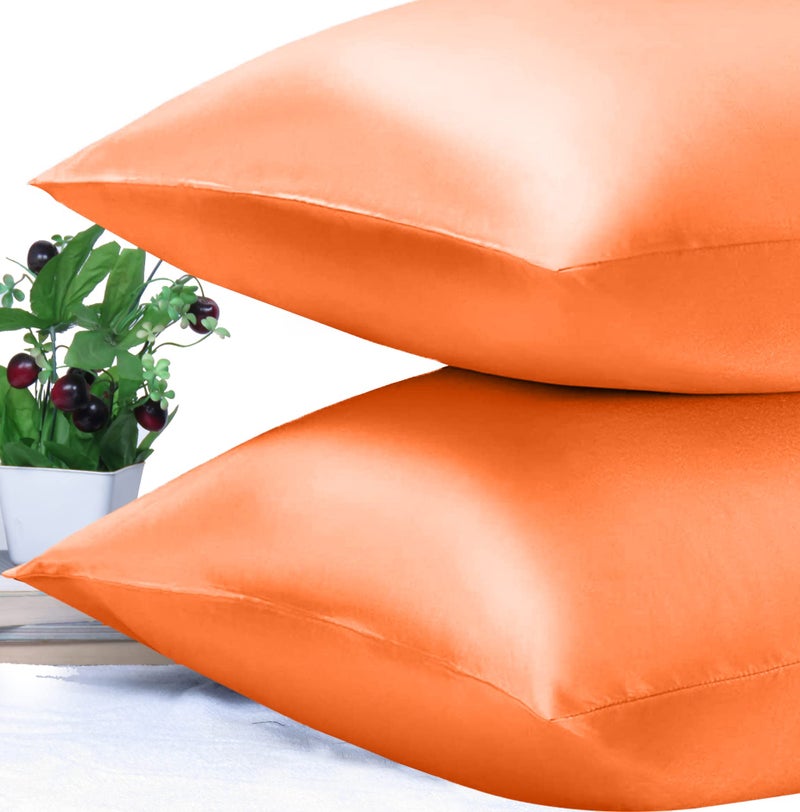 Riara Satin Silk Pillowcase Pillow Case Covers with Envelop Closure for Hair and Skin Home Bed Decor Set of 2 Pillowcase Free 3 Pc Scrunchie (Standard Size(20" 26"), Orange Peel) - Image 4