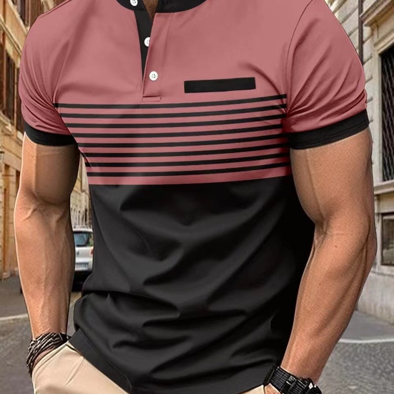 Men'S 2024 Street Creative Printed Crewneck Button Striped T-Shirt Men And Women Students Short Sleeve Me12 - Image 3
