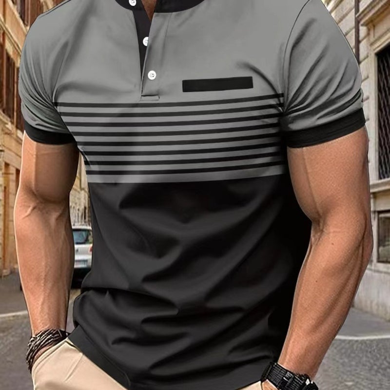 Men'S 2024 Street Creative Printed Crewneck Button Striped T-Shirt Men And Women Students Short Sleeve Me12 - Image 5