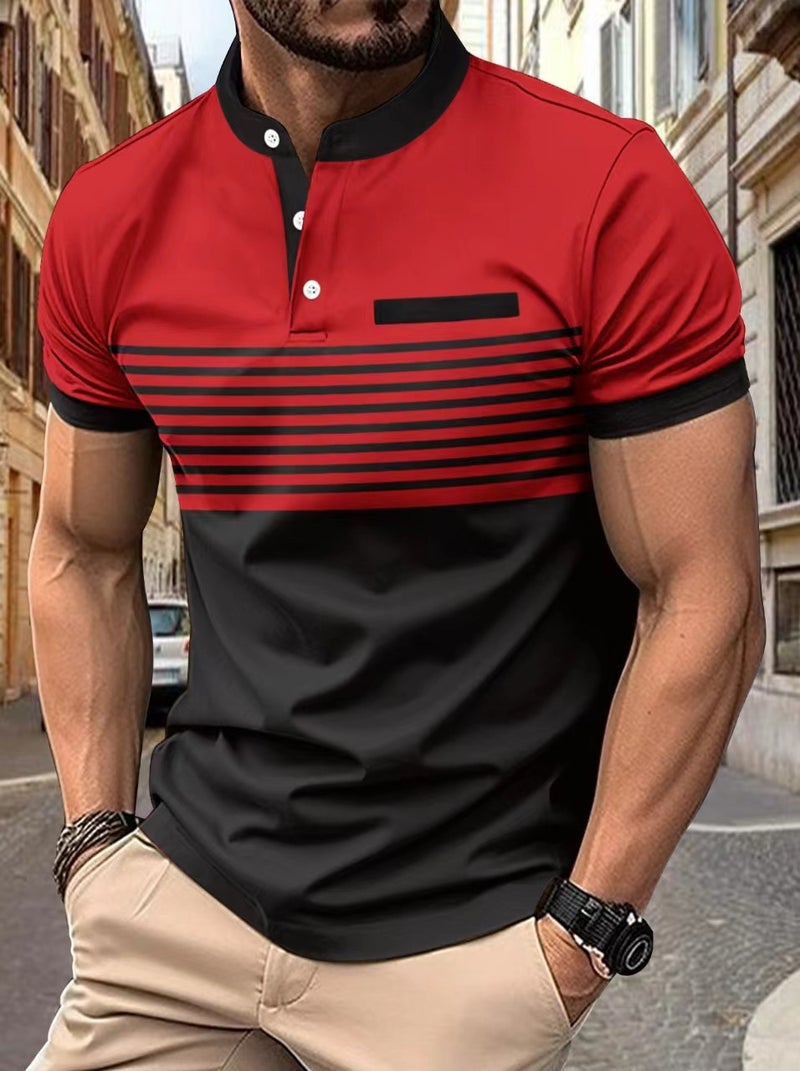 Men'S 2024 Street Creative Printed Crewneck Button Striped T-Shirt Men And Women Students Short Sleeve Me12 - Image 1