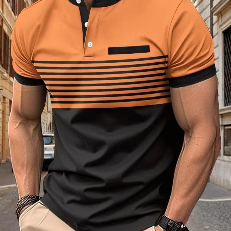 Men'S 2024 Street Creative Printed Crewneck Button Striped T-Shirt Men And Women Students Short Sleeve Me12 - Image 4