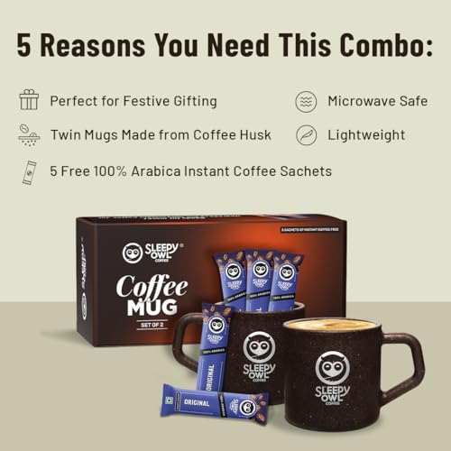 Sleepy Owl Coffee Mugs Set of 2 (200ml) with 5 Free Coffee Sachets | Eco-Friendly & Sustainable Cup | Microwave Safe | 100% Arabica Coffee with Mug - Image 4