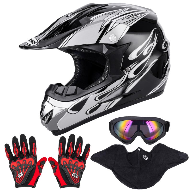 OUMURS Adult ATV Dirt Bike Helmet with Goggles Gloves  Mask Adjustable Sun Visor Motorcycle Adults Helmet OffRoad Motocross Downhill Moped MX for UnisexAdultNew Black Flame XL